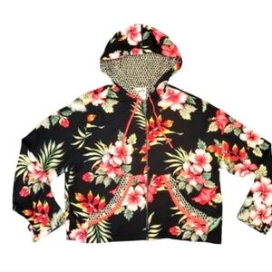 Y2k Vanity Rayon Hooded Full Zip Jacket Whimsical Hawaiian Floral Print Sz L